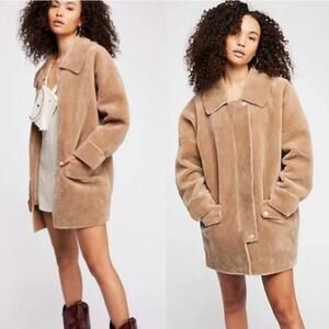 $168 Free People Lindsay Coat Large Neutral Brown Faux Fur Oversized Winter